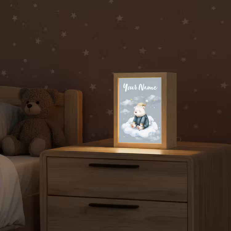 Ijsbeer - Pyjama - Wolken - Sterrenhemel Light Box met kabel (Kinderlampje) klein -sfeer1_kind