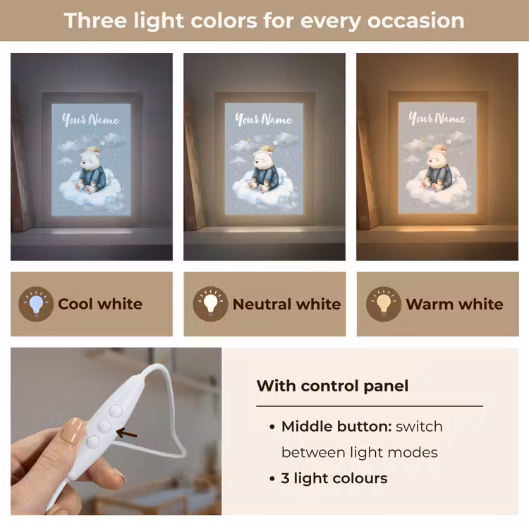 Ijsbeer - Pyjama - Wolken - Sterrenhemel Light Box met kabel (Kinderlampje) klein -USP_lichtkleurEN