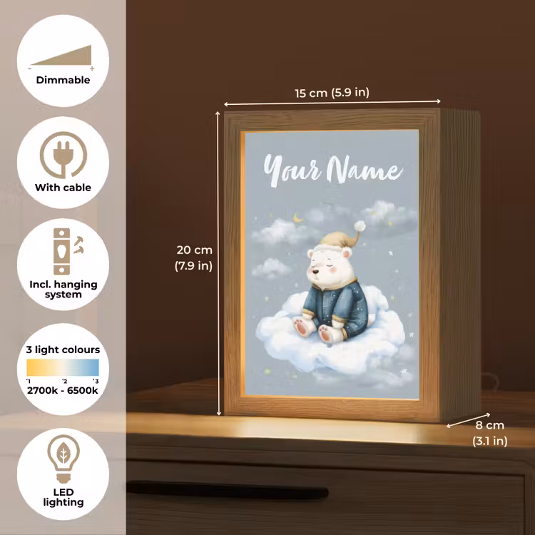 Ijsbeer - Pyjama - Wolken - Sterrenhemel Light Box met kabel (Kinderlampje) klein -USP_EN