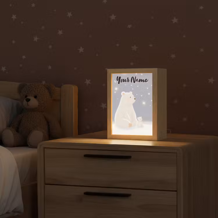Ijsbeer - Sneeuw - Sterren - Blauw Light Box met kabel (Kinderlampje) klein -sfeer1_kind