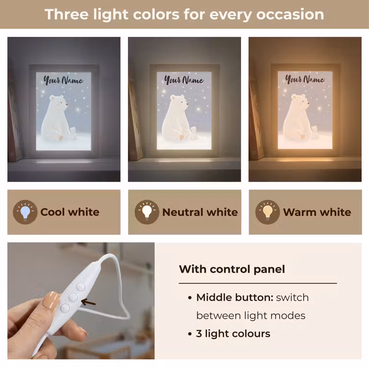 Ijsbeer - Sneeuw - Sterren - Blauw Light Box met kabel (Kinderlampje) klein -USP_lichtkleurEN