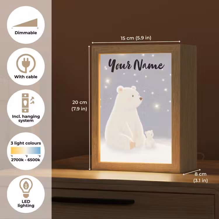 Ijsbeer - Sneeuw - Sterren - Blauw Light Box met kabel (Kinderlampje) klein -USP_EN