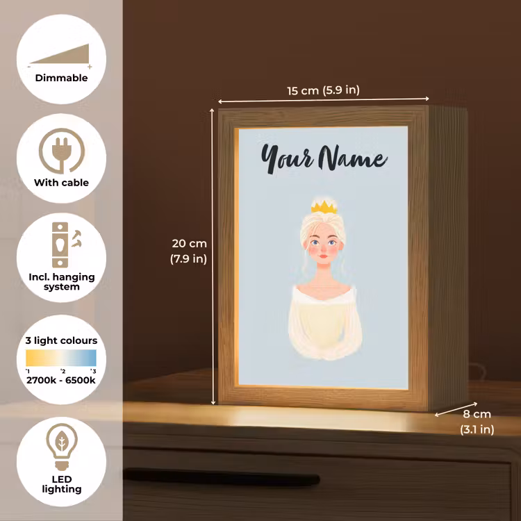 Prinses - Blond - Kroon - Minimalistisch Light Box met kabel (Kinderlampje) klein -USP_EN