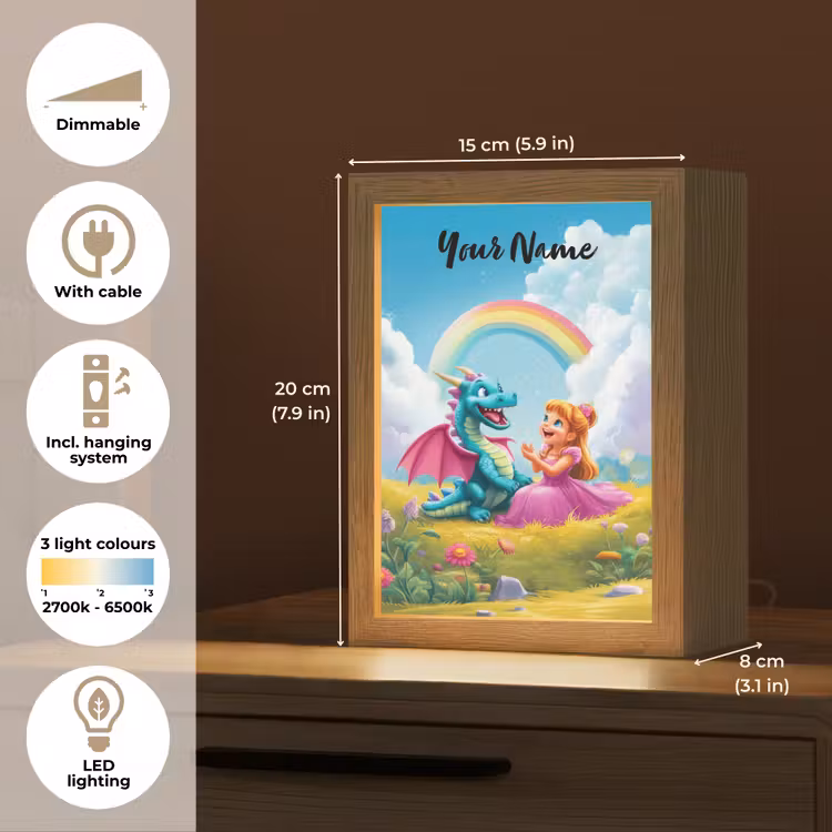 Prinses - Draak - Regenboog Light Box met kabel (Kinderlampje) klein -USP_EN