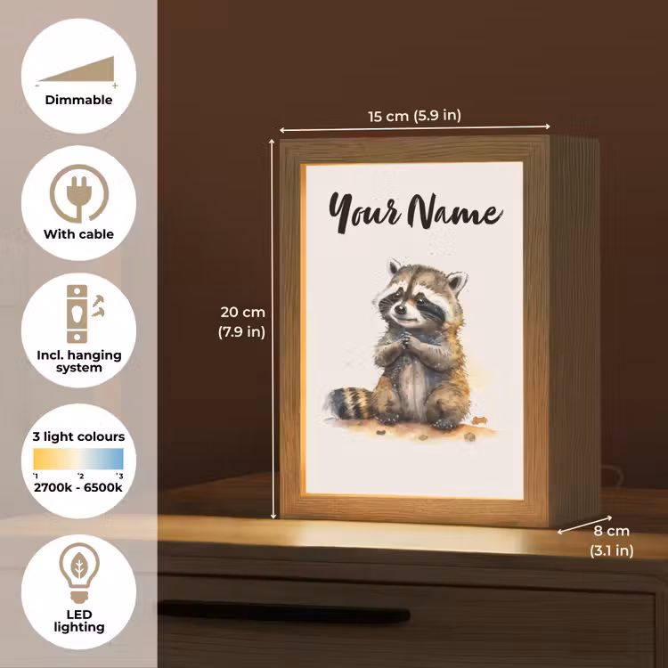 Wasbeer - Waterverf - Kleuren - Dieren - Kids Light Box met kabel (Kinderlampje) klein -USP_EN