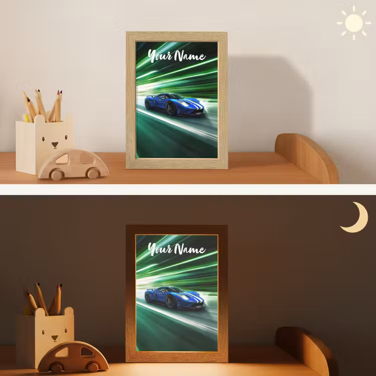 Race auto - Blauw - Groen Light Box met kabel (Kinderlampje) klein -sfeer3_kind