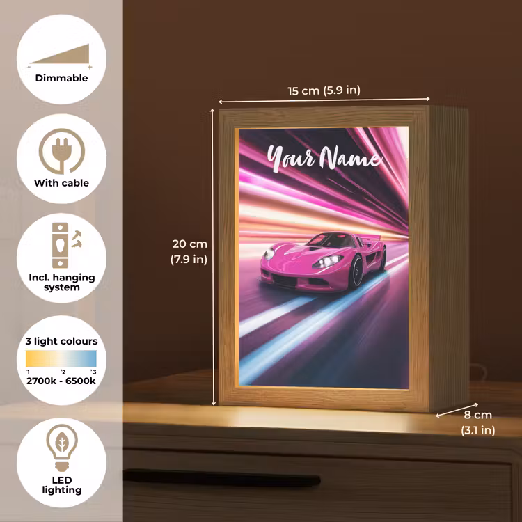 Raceauto - Roze - Neon Light Box met kabel (Kinderlampje) klein -USP_EN