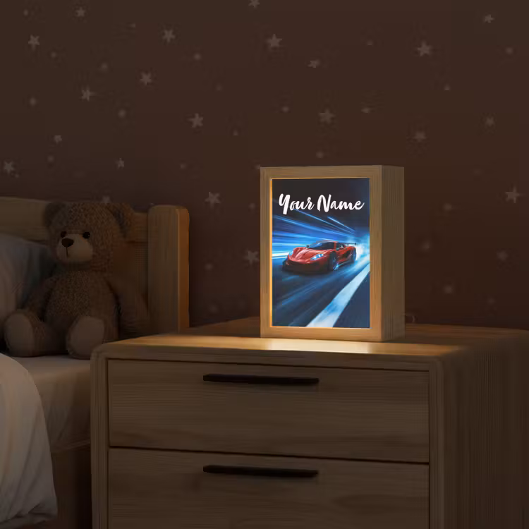 Rode raceauto - Blauw - Futuristisch Light Box met kabel (Kinderlampje) klein -sfeer1_kind