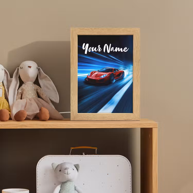 Rode raceauto - Blauw - Futuristisch Light Box met kabel (Kinderlampje) klein -sfeer2_kind