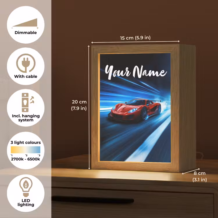 Rode raceauto - Blauw - Futuristisch Light Box met kabel (Kinderlampje) klein -USP_EN
