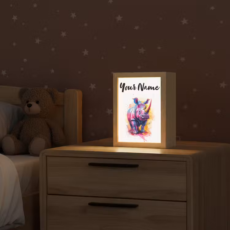 Neushoorn - Kleurrijk - Verf - Dieren Light Box met kabel (Kinderlampje) klein -sfeer1_kind