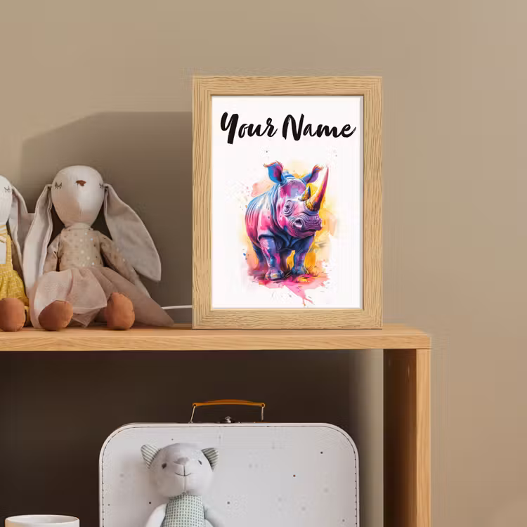 Neushoorn - Kleurrijk - Verf - Dieren Light Box met kabel (Kinderlampje) klein -sfeer2_kind