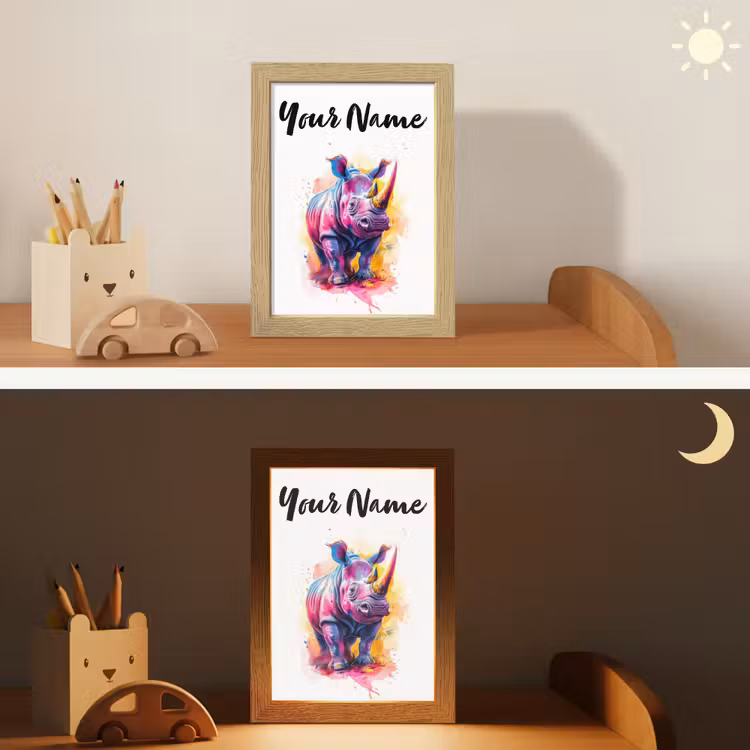 Neushoorn - Kleurrijk - Verf - Dieren Light Box met kabel (Kinderlampje) klein -sfeer3_kind
