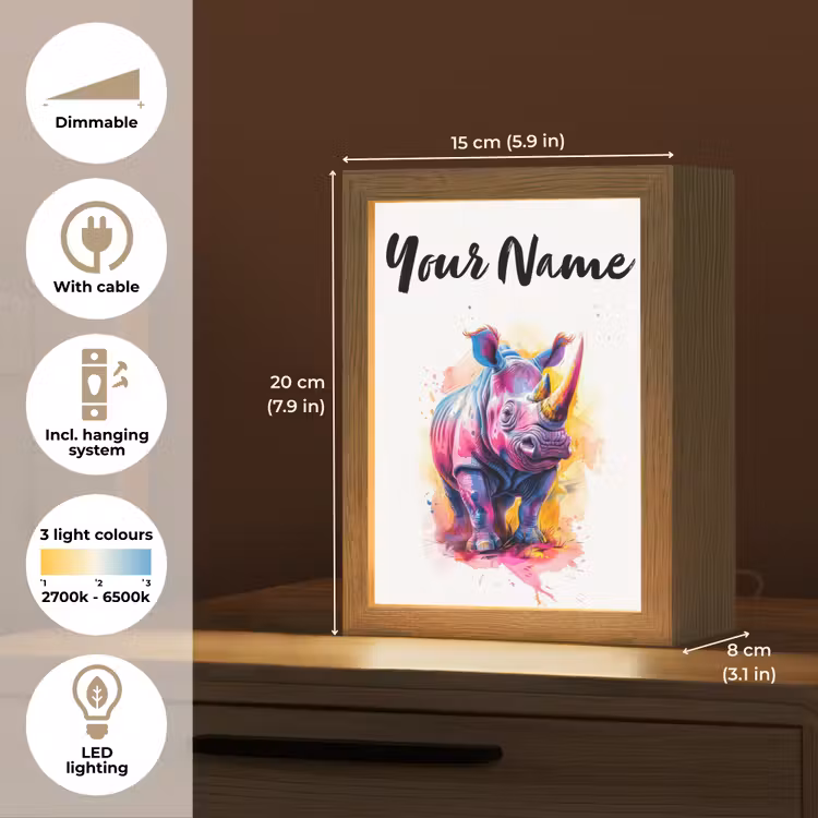 Neushoorn - Kleurrijk - Verf - Dieren Light Box met kabel (Kinderlampje) klein -USP_EN