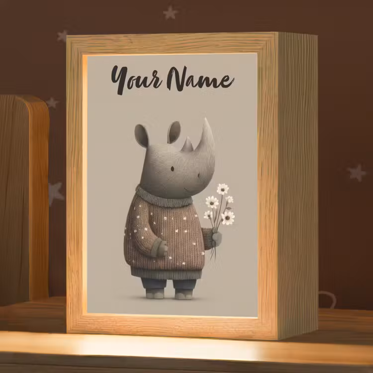 Neushoorn - Witte bloemen - Lief Light Box met kabel (Kinderlampje) klein -zzz_3d_website
