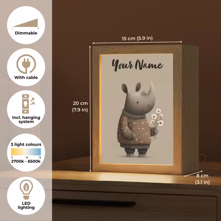 Neushoorn - Witte bloemen - Lief Light Box met kabel (Kinderlampje) klein -USP_EN