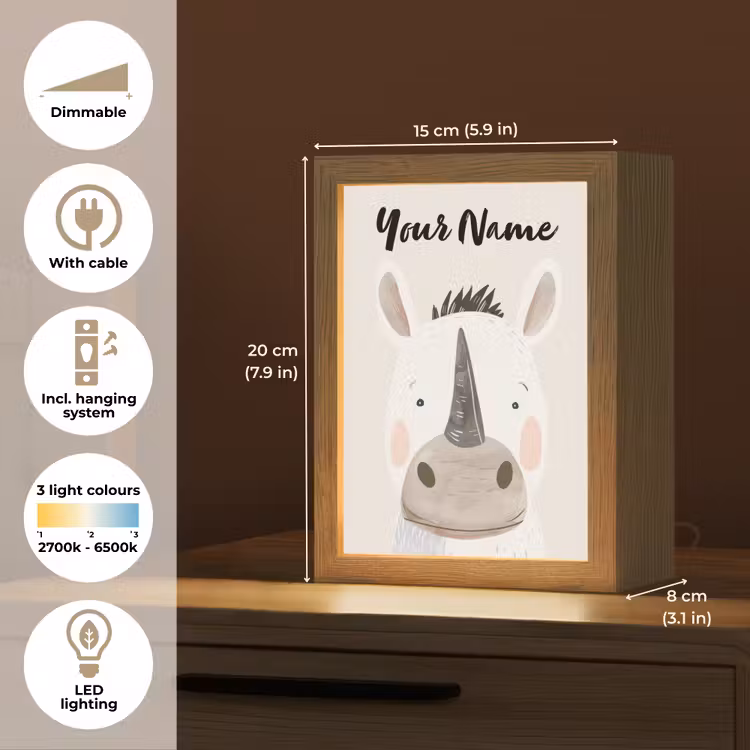 Neushoorn - Wilde dieren - Pastel kleuren Light Box met kabel (Kinderlampje) klein -USP_EN