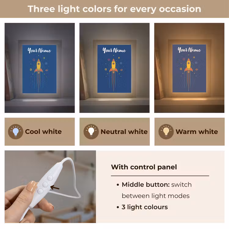 Raket - Blauw - Sterren Light Box met kabel (Kinderlampje) klein -USP_lichtkleurEN