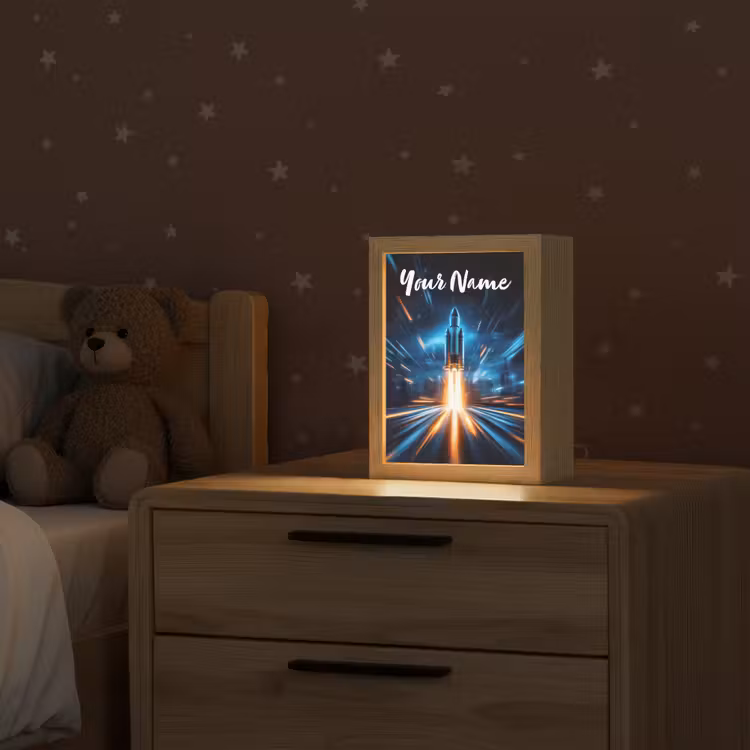 Raket - Ruimte - Blauw - Licht Light Box met kabel (Kinderlampje) klein -sfeer1_kind