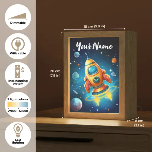 Raket - Ruimte - Planeten - Kinderen - Jongen Light Box met kabel (Kinderlampje) klein -USP_EN