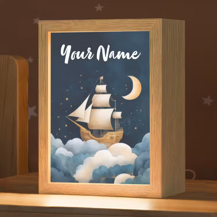 Zeilschip - Sterrenhemel - Wolken - Blauw Light Box met kabel (Kinderlampje) klein -zzz_3d_website