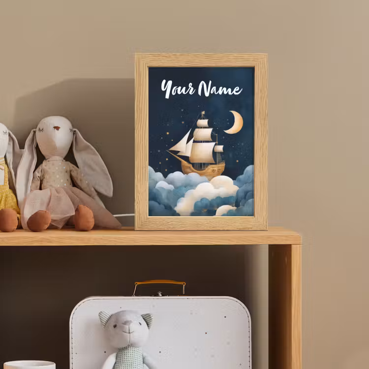 Zeilschip - Sterrenhemel - Wolken - Blauw Light Box met kabel (Kinderlampje) klein -sfeer2_kind