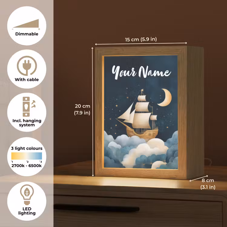 Zeilschip - Sterrenhemel - Wolken - Blauw Light Box met kabel (Kinderlampje) klein -USP_EN