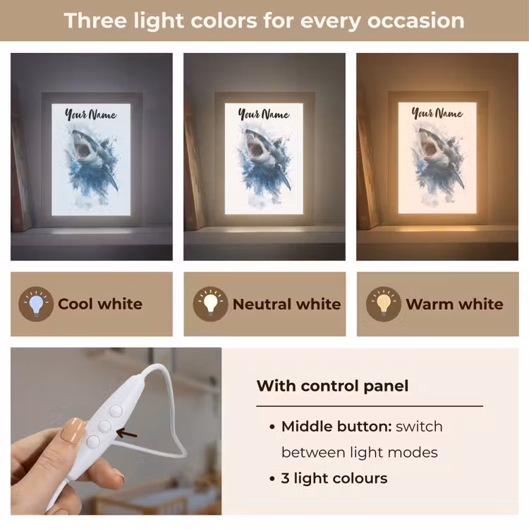 Haai - Blauw - Water Light Box met kabel (Kinderlampje) klein -USP_lichtkleurEN