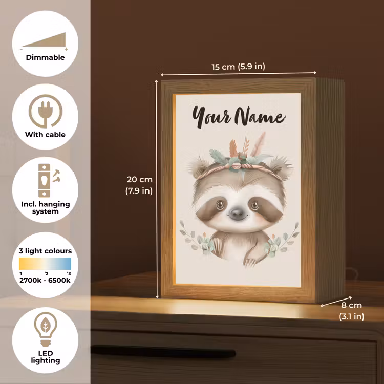 Luiaard - Dieren - Bohemian - Boho Light Box met kabel (Kinderlampje) klein -USP_EN
