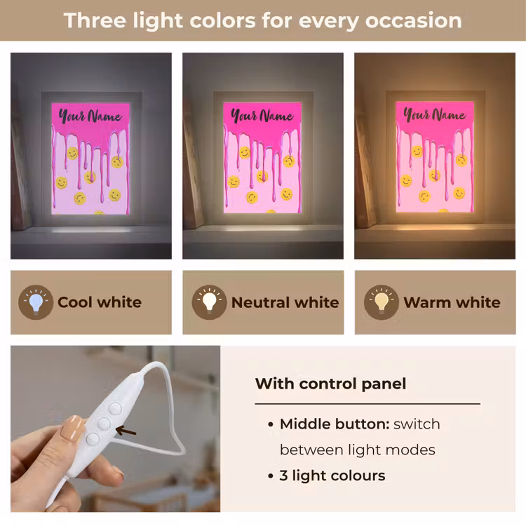 Smiley - Roze - Glazuur Light Box met kabel (Kinderlampje) klein -USP_lichtkleurEN