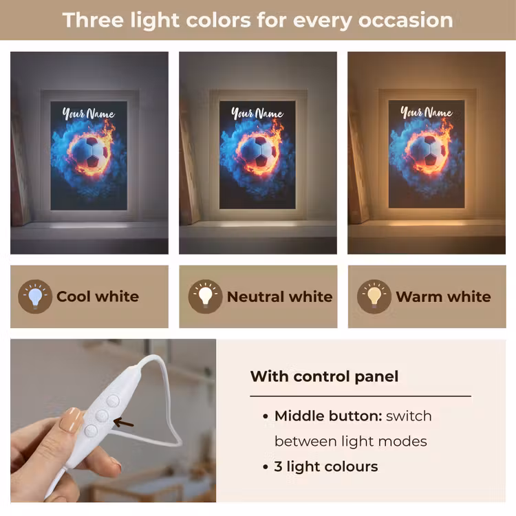 Voetbal - Vuur - IJs - Blauw Light Box met kabel (Kinderlampje) klein -USP_lichtkleurEN