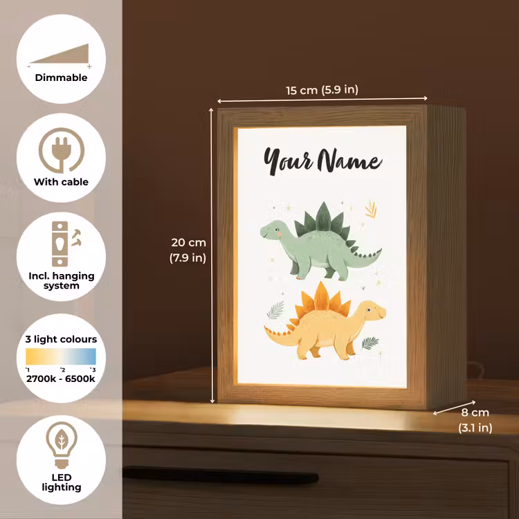 Stegosaurus - Sterren - Bladeren - Minimalistisch Light Box met kabel (Kinderlampje) klein -USP_EN
