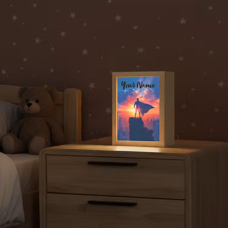 Superheld - Stad - Jongens - Kleurrijk - Zon Light Box met kabel (Kinderlampje) klein -sfeer1_kind