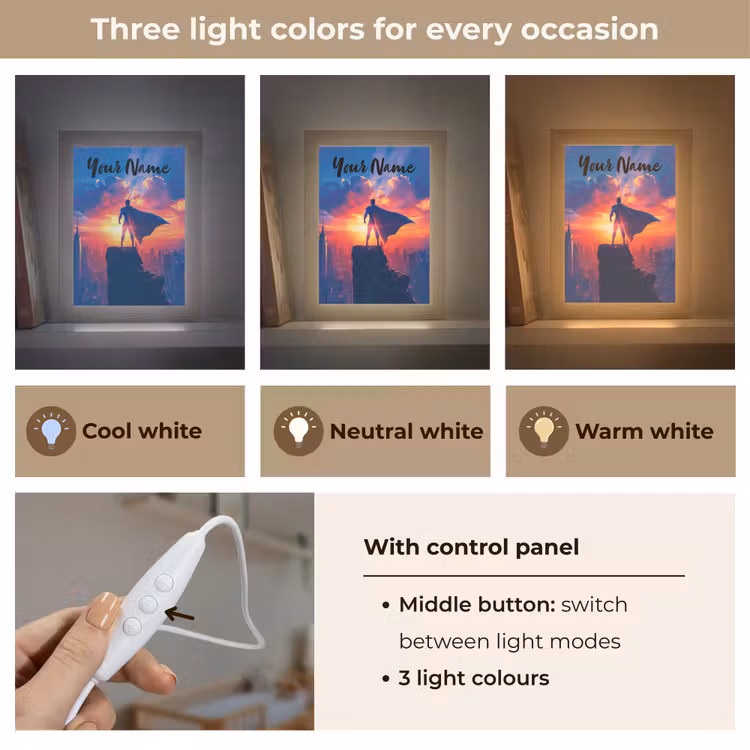 Superheld - Stad - Jongens - Kleurrijk - Zon Light Box met kabel (Kinderlampje) klein -USP_lichtkleurEN