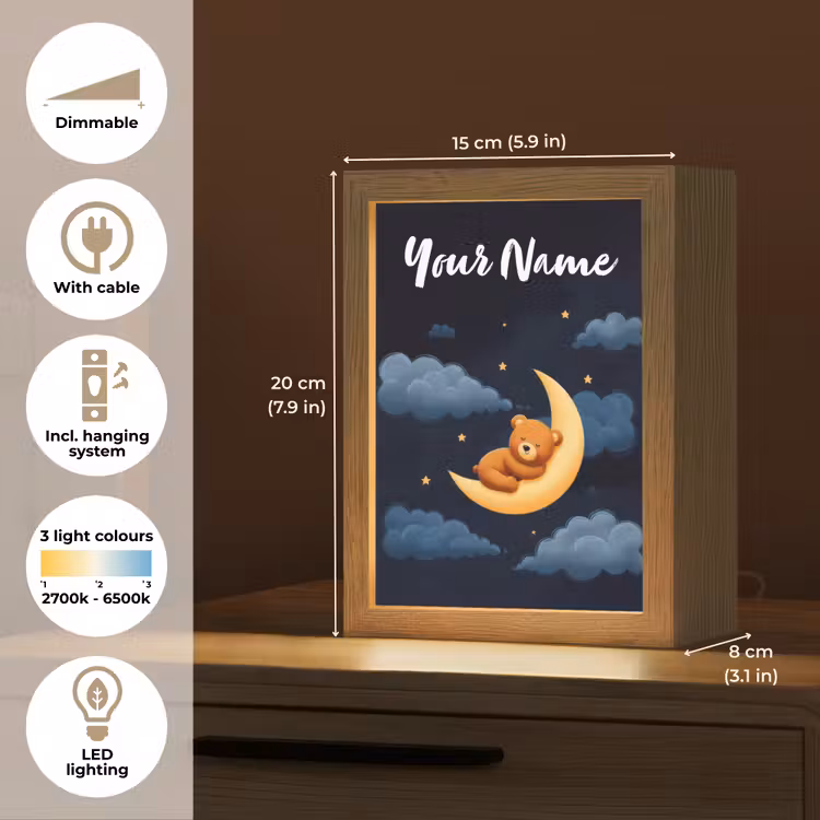 Teddybeer - Maan - Wolken - Sterren Light Box met kabel (Kinderlampje) klein -USP_EN