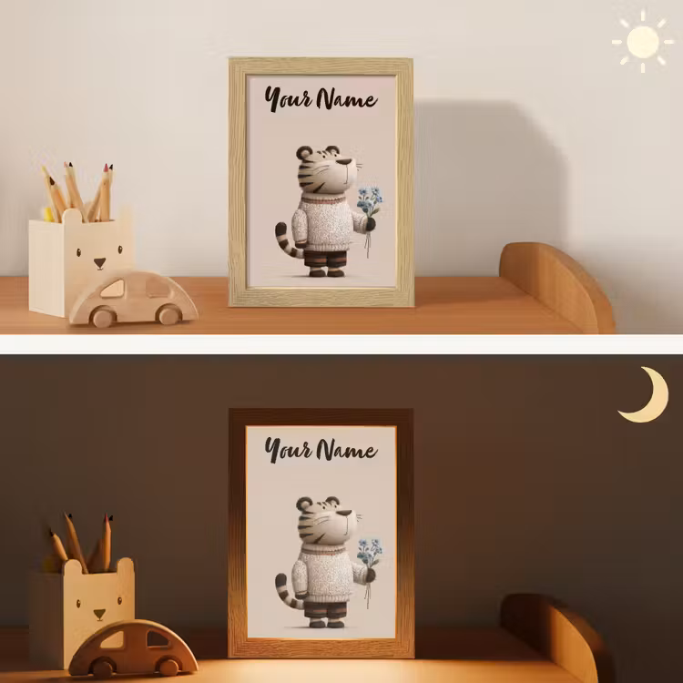 Tijger - Blauwe bloemen - Rustig Light Box met kabel (Kinderlampje) klein -sfeer3_kind
