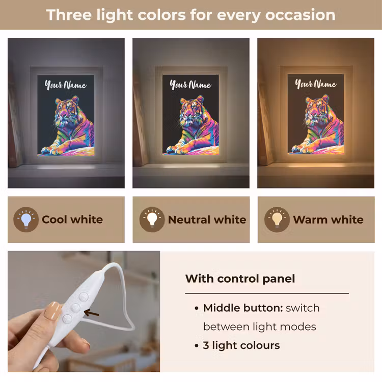 Tijger - Kleurrijk - Dieren - Zwart - Neon Light Box met kabel (Kinderlampje) klein -USP_lichtkleurEN