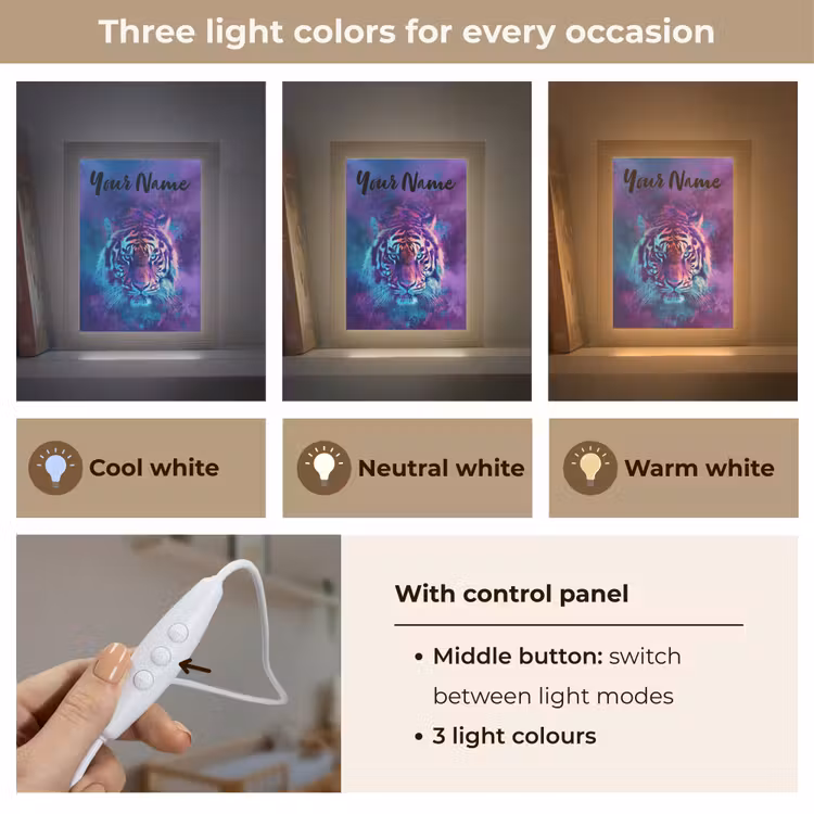Tijger - Kleurrijk - Rook - Dieren Light Box met kabel (Kinderlampje) klein -USP_lichtkleurEN