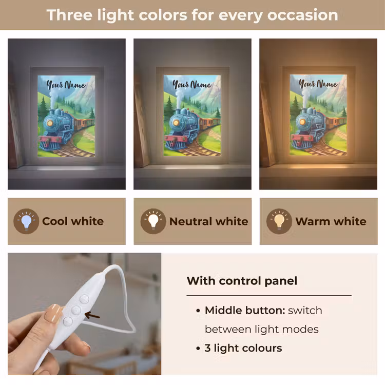 Trein - Bloemen - Kinderen - Natuur Light Box met kabel (Kinderlampje) klein -USP_lichtkleurEN