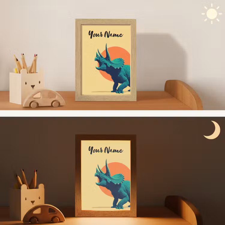 Triceratops - Hoorns - Cirkel - Oranje Light Box met kabel (Kinderlampje) klein -sfeer3_kind