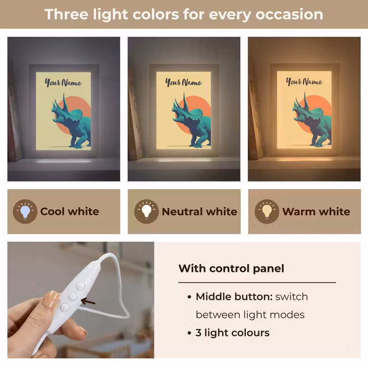 Triceratops - Hoorns - Cirkel - Oranje Light Box met kabel (Kinderlampje) klein -USP_lichtkleurEN