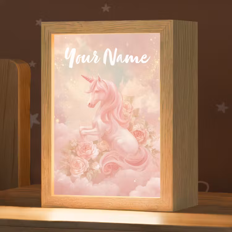 Eenhoorn - Wolken - Roze Light Box met kabel (Kinderlampje) klein -zzz_3d_website