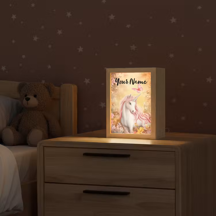 Eenhoorn - Bloemen - Vlinder - Roze Light Box met kabel (Kinderlampje) klein -sfeer1_kind