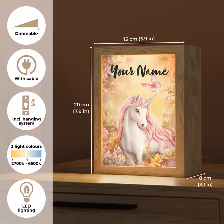 Eenhoorn - Bloemen - Vlinder - Roze Light Box met kabel (Kinderlampje) klein -USP_EN