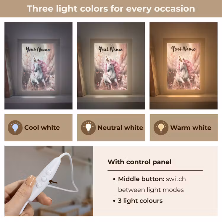 Eenhoorn - Meisje - Roze - Bloemen - Sprookje Light Box met kabel (Kinderlampje) klein -USP_lichtkleurEN