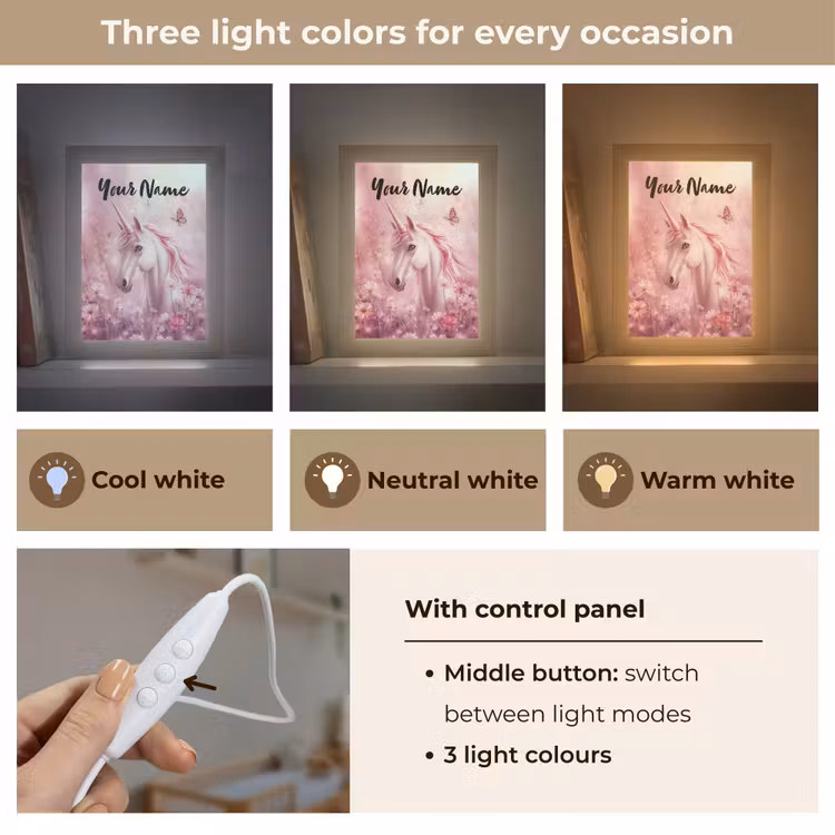 Eenhoorn - Roze - Vlinders - Bloemen Light Box met kabel (Kinderlampje) klein -USP_lichtkleurEN