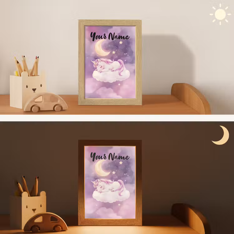 Eenhoorn - Paars - Sterrenhemel - Maan Light Box met kabel (Kinderlampje) klein -sfeer3_kind