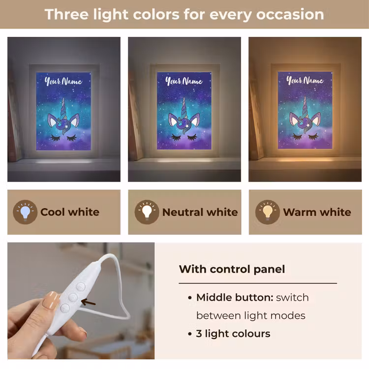 Eenhoorn - Sterrenhemel - Wimpers - Blauw Light Box met kabel (Kinderlampje) klein -USP_lichtkleurEN
