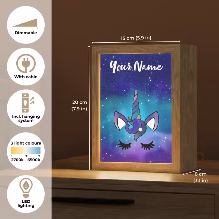 Eenhoorn - Sterrenhemel - Wimpers - Blauw Light Box met kabel (Kinderlampje) klein -USP_EN