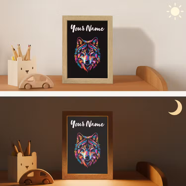 Wolf - Kleurrijk - Zwart - Dieren - Neon Light Box met kabel (Kinderlampje) klein -sfeer3_kind